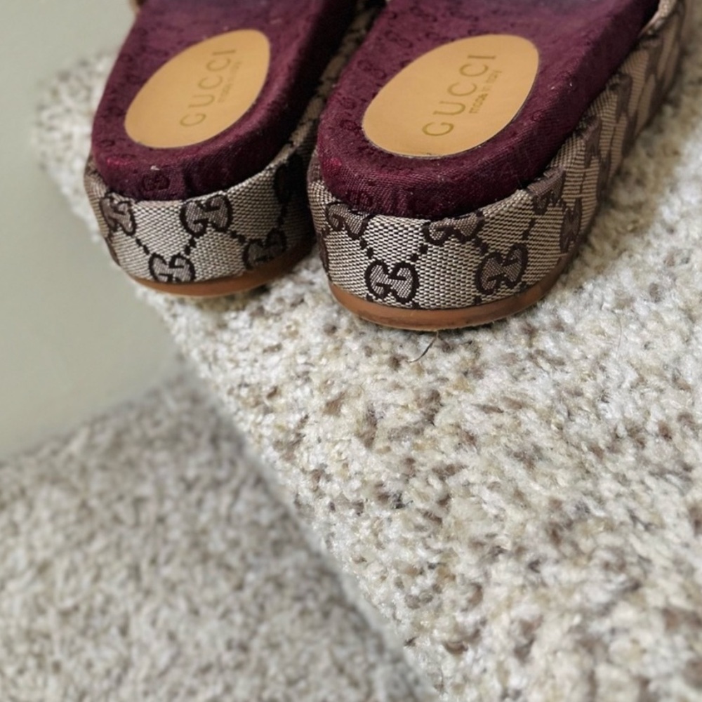 Women’s Brown Monogram Slide Sandals with Burgundy Footbed - Picture 2 of 8